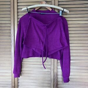 Ribbed Knit Long Sleeve Crop Top & Shorts Lounge Set-Size XS